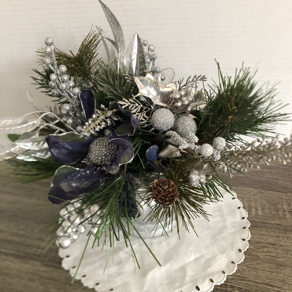 Handmade Silver and Navy Faux Greenery Centrepiece